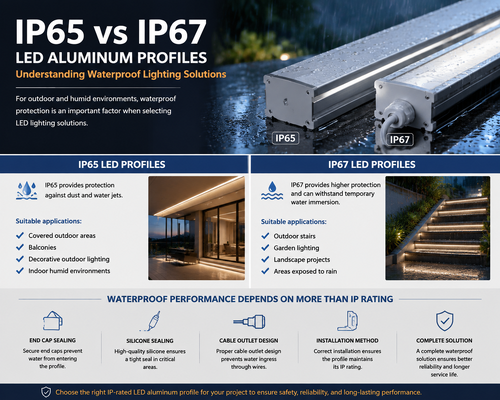 Het laatste nieuws van het bedrijf over IP65 vs IP67 LED Aluminiumprofielen: Waterdichte Verlichtingsoplossingen Begrijpen