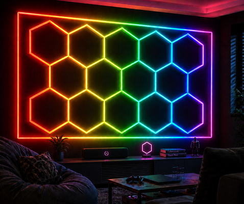 Goede prijs LED Hexagonaal Licht 14Hexagon RGB Afstandsbediening Honingraat Plafondlamp 24V IP20 Ideale Verlichting voor Gym Salon Garage Bar Sfeer online