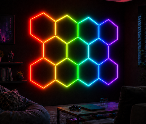 Goede prijs RGB LED Hexagon Light Modulair plafondverlichtingssysteem voor garage Gym Workshop Office Connectable Honeycomb LED Hex Light Panels online