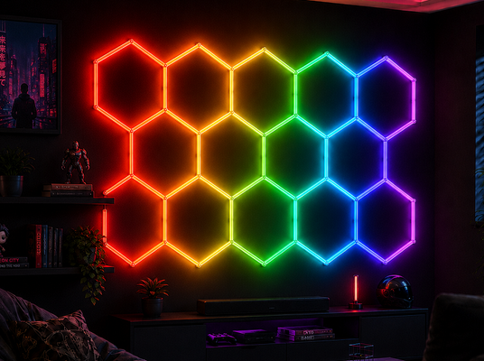 RGB LED Hexagonaal licht Modulair honingraat plafondpaneel systeem voor flexibele verlichting in garage gym werkplaats en kantoor