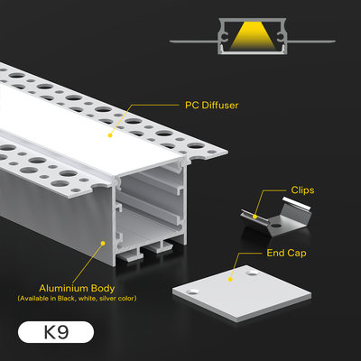 Aluminiumprofielen van de 6000-serie K&C LED-plafond- en wandlineaire verlichting, afgesloten, ingedrukt, geëxtreerd kanaal K9